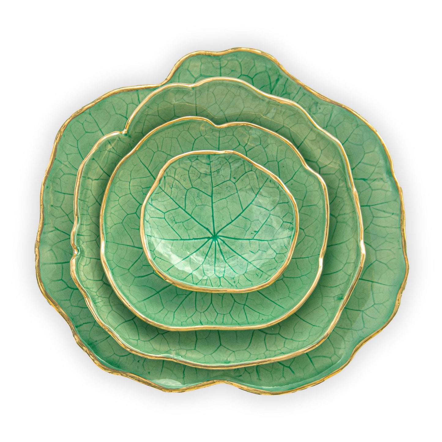 Ballad Ceramics Nasturtium Leaf Impression Dinnerware Set in aqua with all sizes stacked