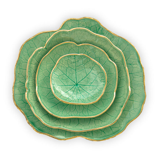 Ballad Ceramics Nasturtium Leaf Impression Dinnerware Set in aqua with all sizes stacked