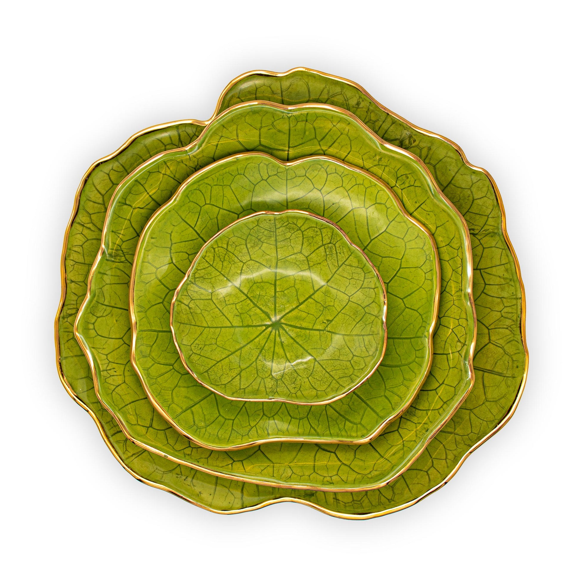 Ballad Ceramics Nasturtium Leaf Impression Dinnerware Set in green with all sizes stacked