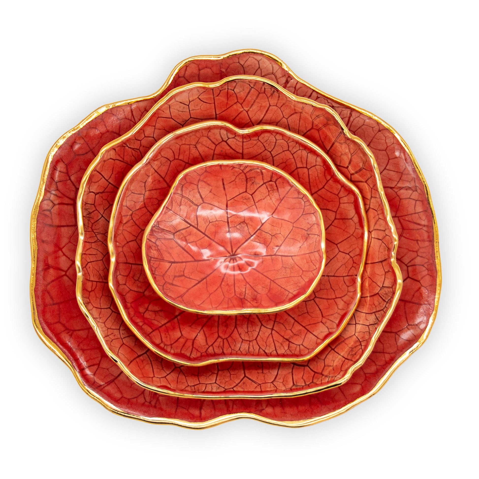 Ballad Ceramics Nasturtium Leaf Impression Dinnerware Set in red with all sizes stacked